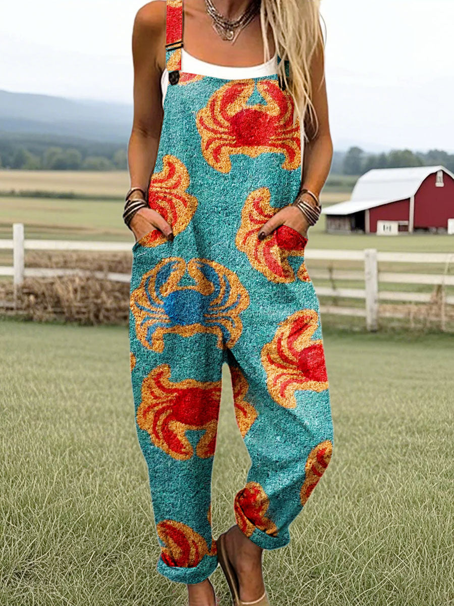 Women's Vintage Abstract Crab Print Casual 100% Cotton Wide Leg Jumpsuit