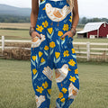Women's Farm  Funny Flower Bird Art  Print Casual 100% Cotton Wide Leg Jumpsuit
