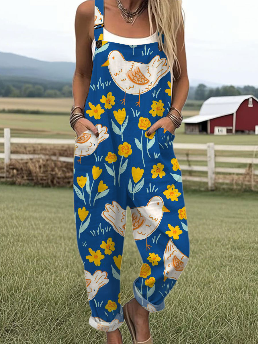 Women's Farm  Funny Flower Bird Art  Print Casual 100% Cotton Wide Leg Jumpsuit