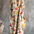 Vintage-Kleid aus Baumwolle mit Blumenmuster, Kunstdruck, Tasche und V-Ausschnitt 