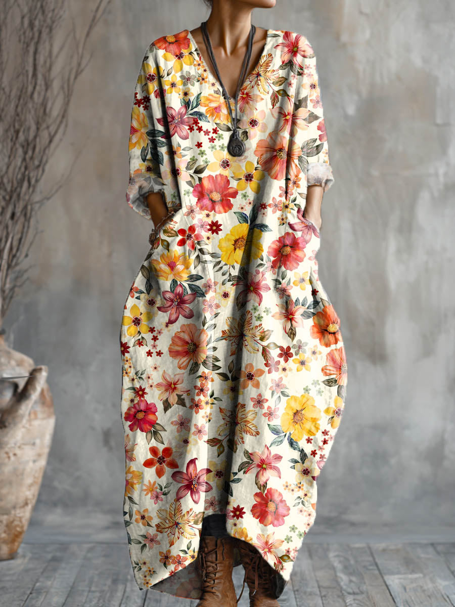 Women's Vintage Floral Pattern Art Print Pocket V-neck Cotton Dress