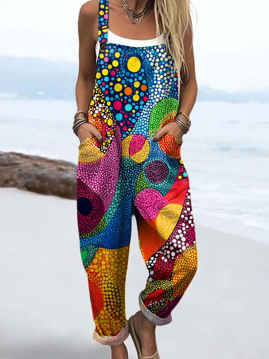 Women's Geometric Pattern Art Print Casual 100% Cotton Wide Leg Jumpsuit