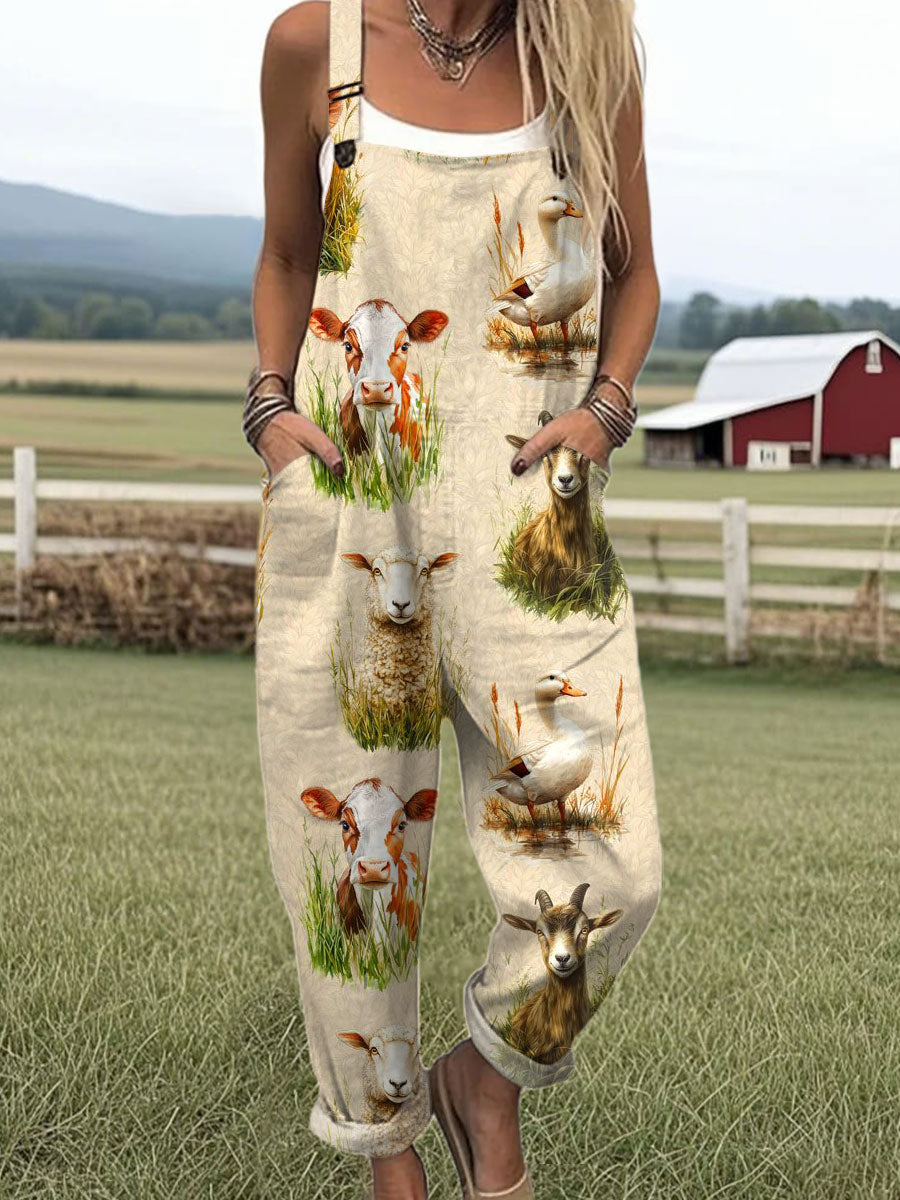 Women's  Funny  Animals Art Print Casual 100% Cotton Wide Leg Jumpsuit