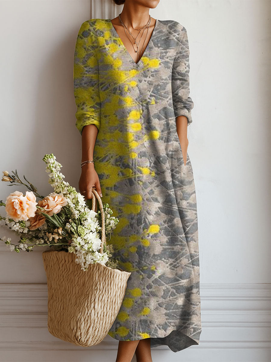 Women's Vintage Flowers Pattern Art Print Linen Pocket Dress