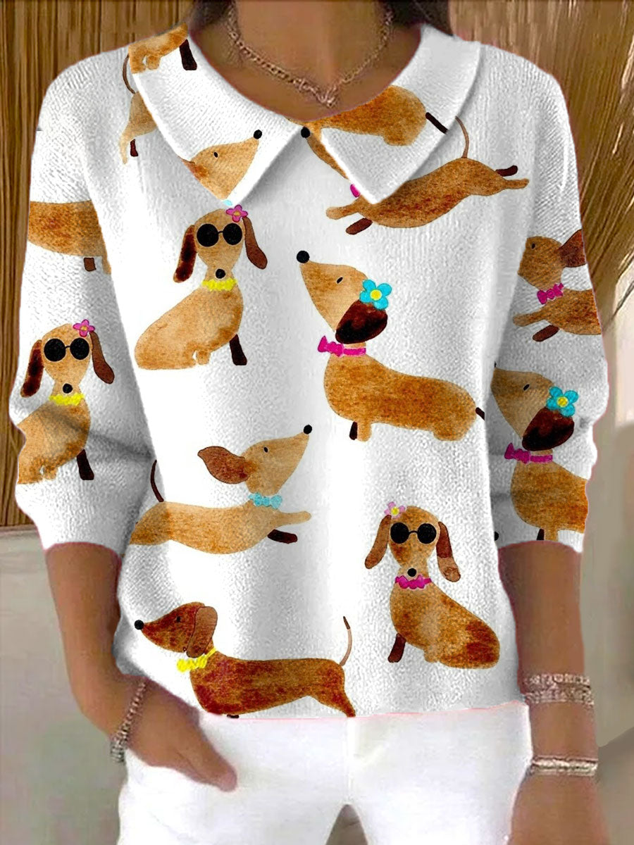 womens-vintage-dachshund-art-print-casual-peter-pan-collar-3-4-sleeve-sweater
