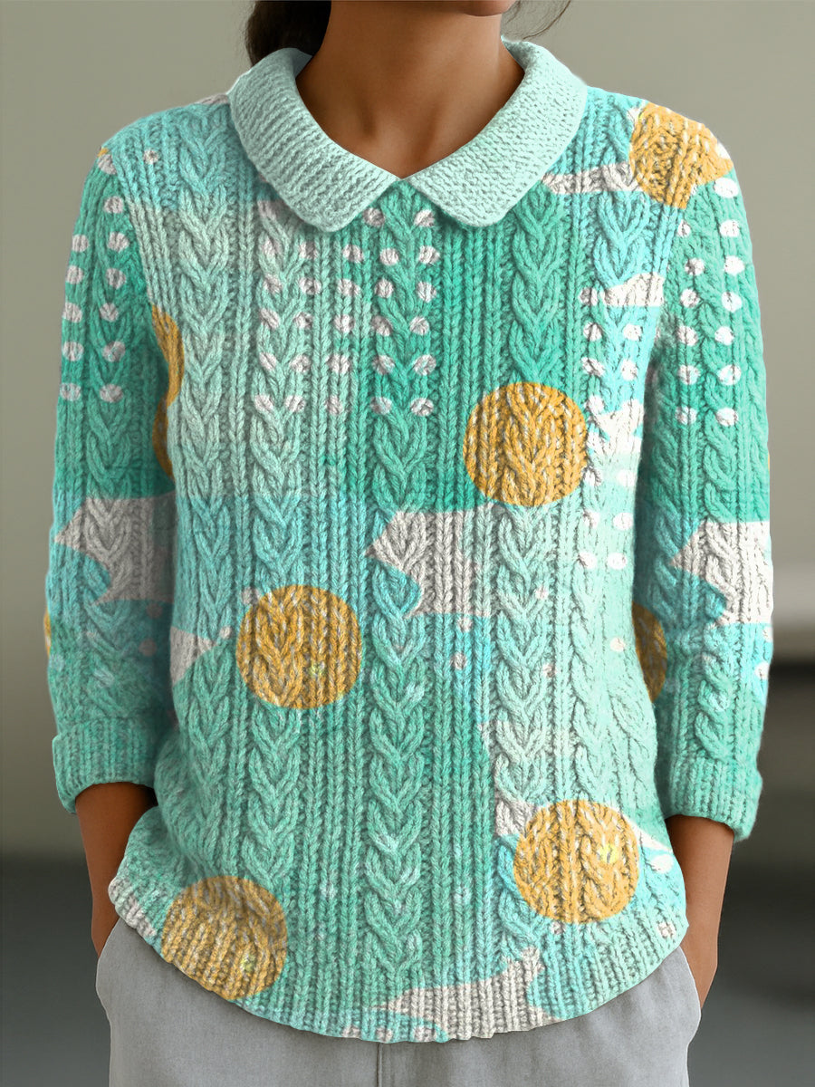 Women's Irregular Color Blocks Print Casual Peter Pan Collar 3/4 Sleeve Sweater