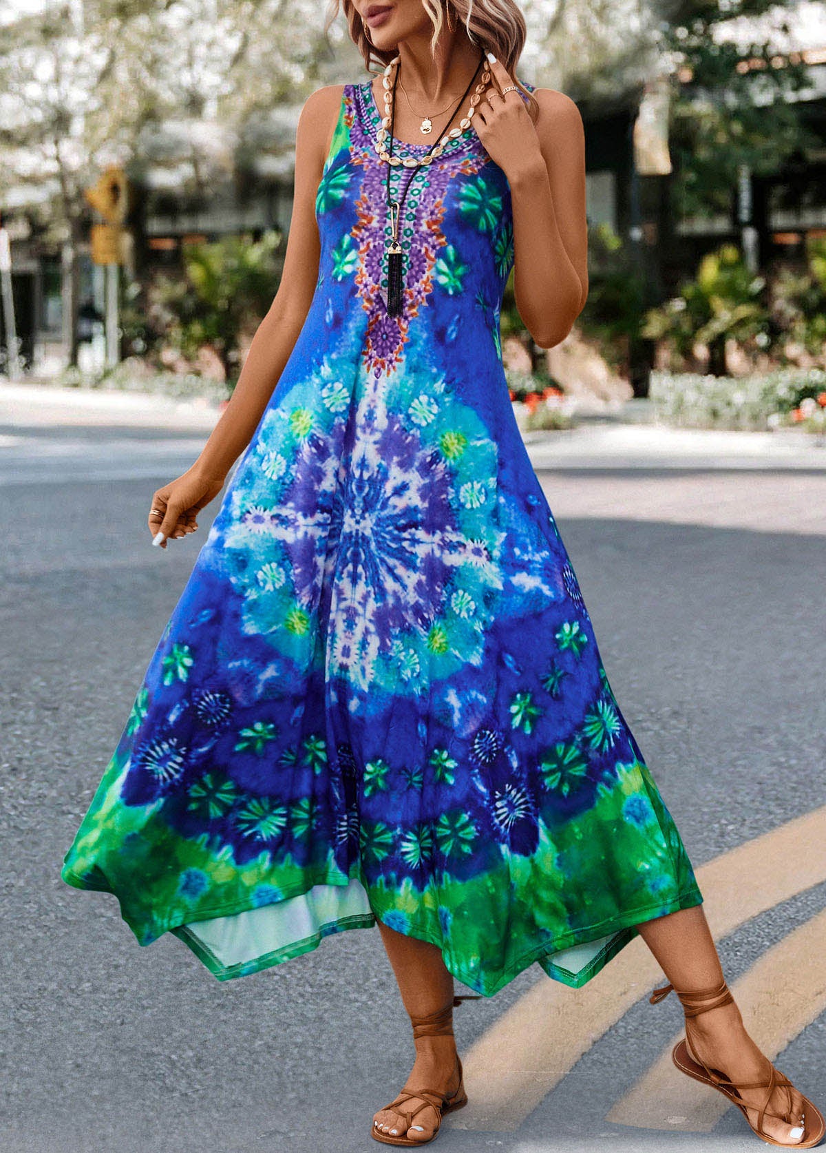 Blue Asymmetry Tie Dye Print H Shape Dress