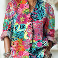Women's Colorful Abstract Floral Painting Art Print Casual Cotton And Linen Ruffle Shirt