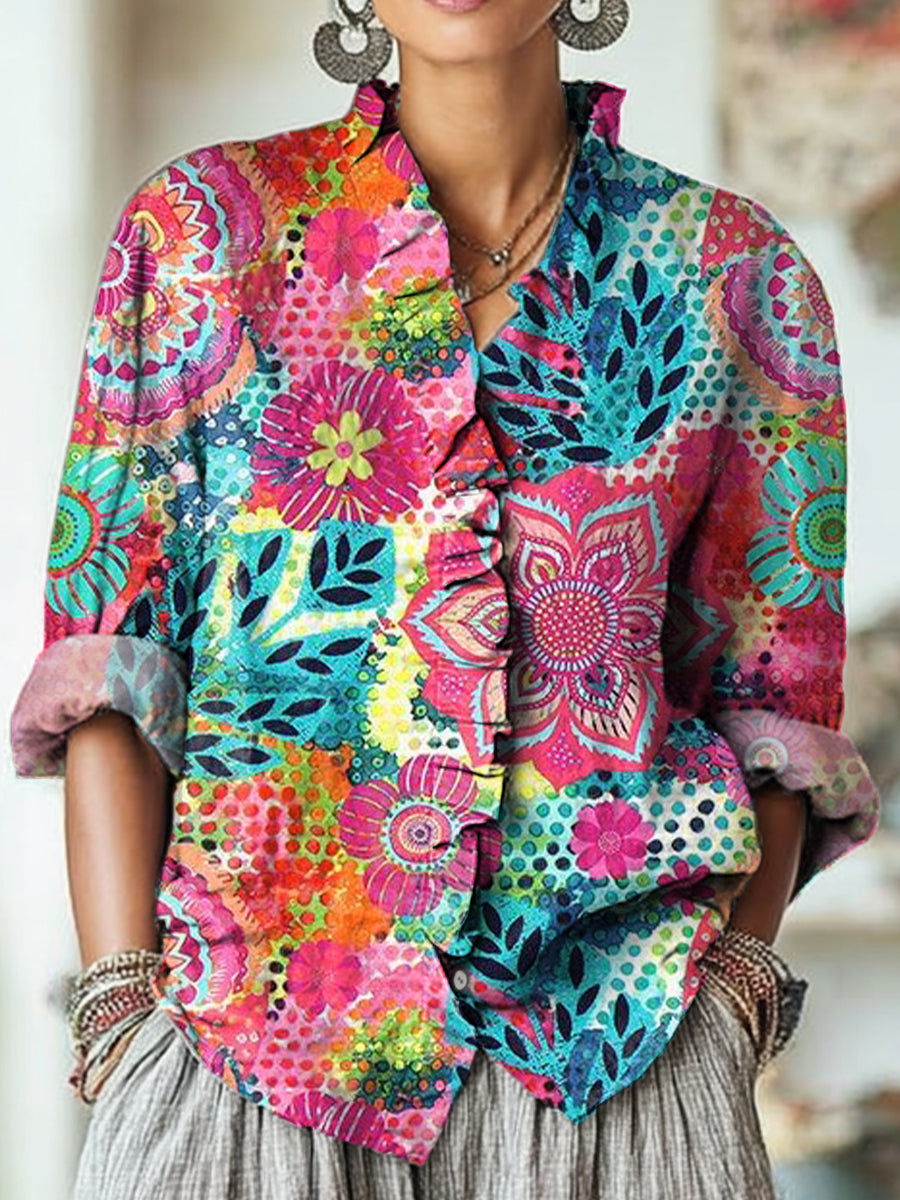Women's Colorful Abstract Floral Painting Art Print Casual Cotton And Linen Ruffle Shirt