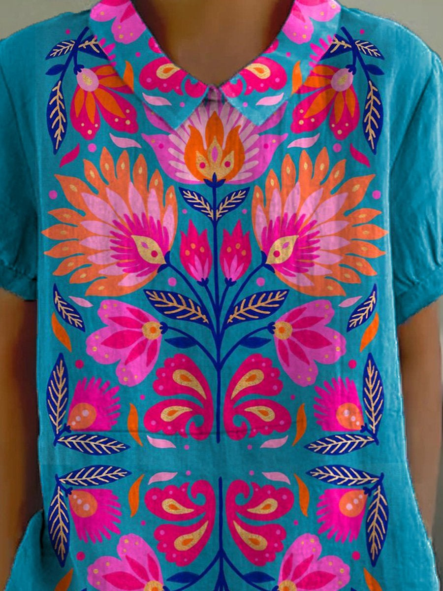 Ethnical Style Symmetrical Floral Pattern Printed Women's Casual Cotton And Linen Shirt