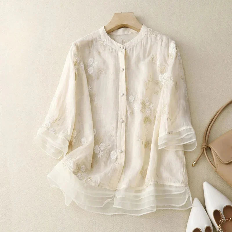 Women's Summer 3/4 Sleeve Cotton Linen Tops Oversized Vintage Mexican Embroidered Shirts Casual V Neck Boho Blouses