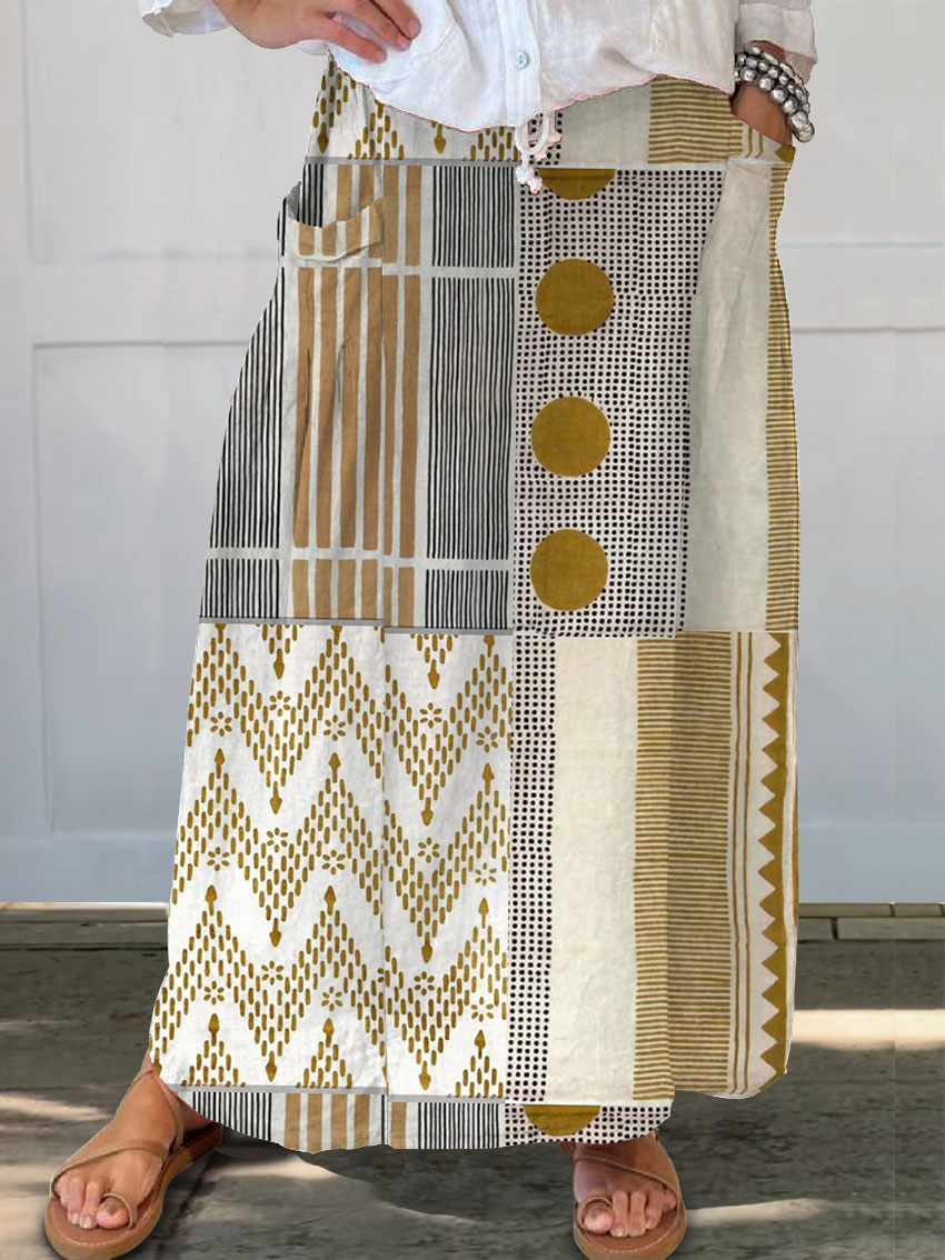 Women's Vintage Abstract Geometric Art Print   Linen Pocket Skirt