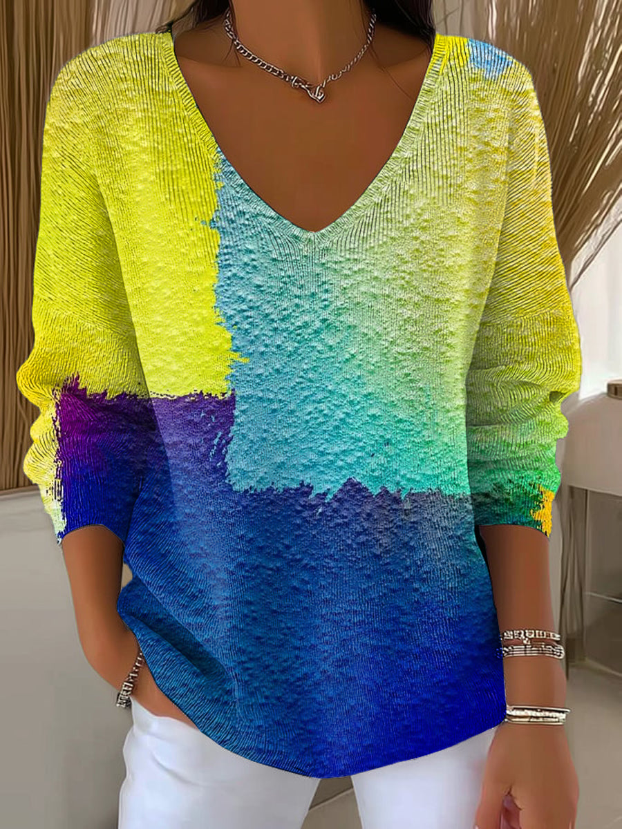 Women's Abstract Multicolor Paint Art Print Casual Pullover Sweater