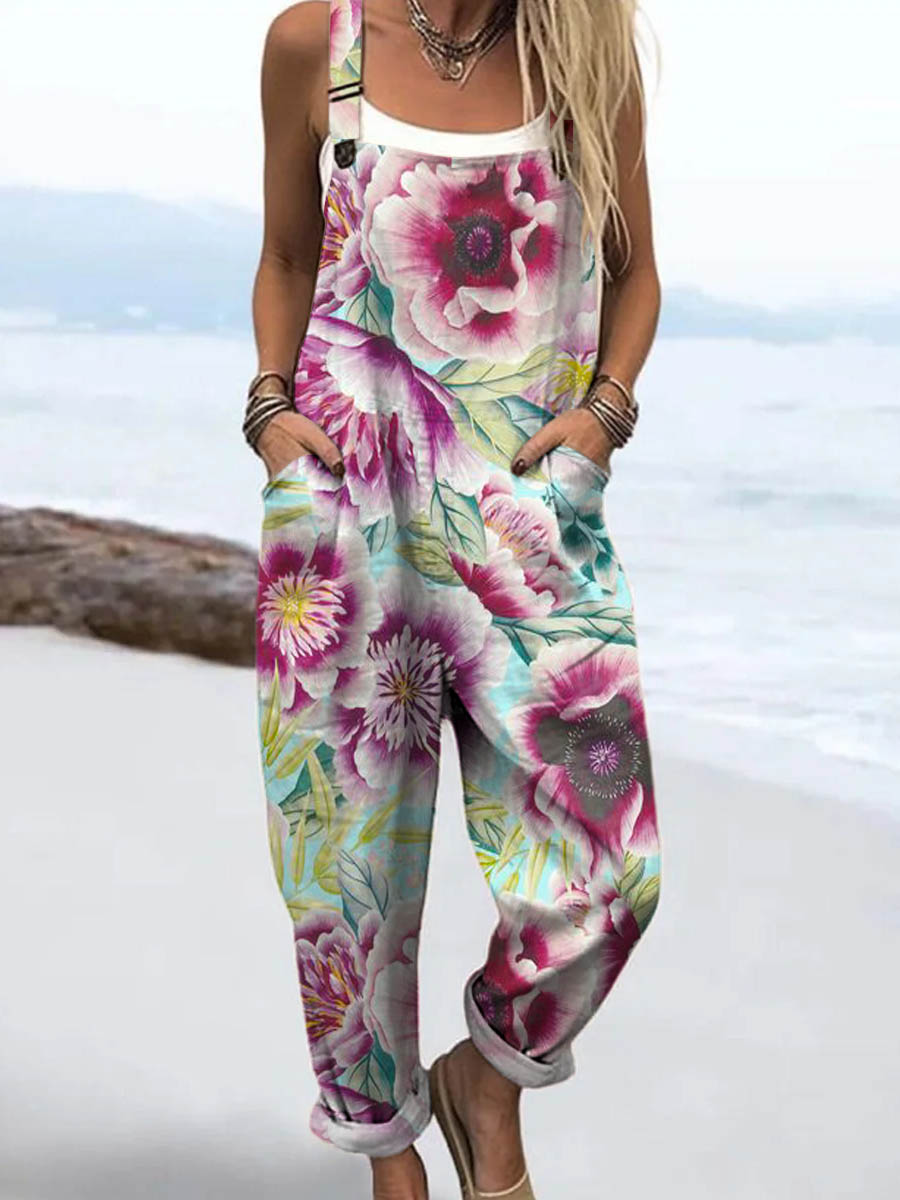Women's Vintage Floral Pattern Art Print Casual 100% Cotton Wide Leg Jumpsuit