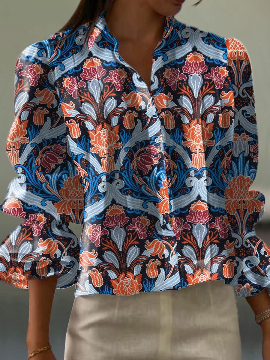 Women's  Vintage Flower Art Print Casual  Cotton And Linen Shirt