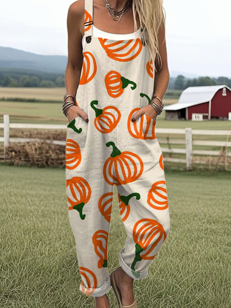 Women's  Autumn Pumpkin Vintage Art Print Casual 100% Cotton Wide Leg Jumpsuit