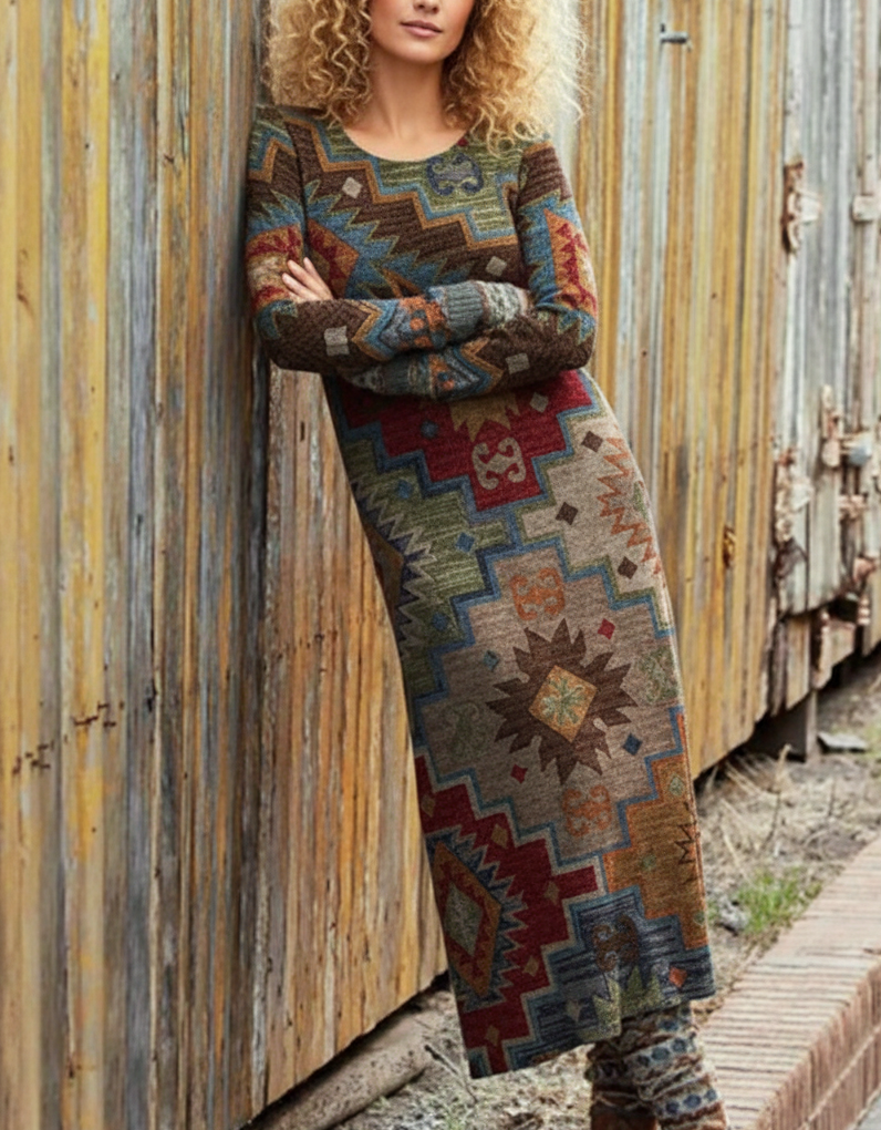 Women's Retro Contrast Color Totem Print Stretch Knit Dress