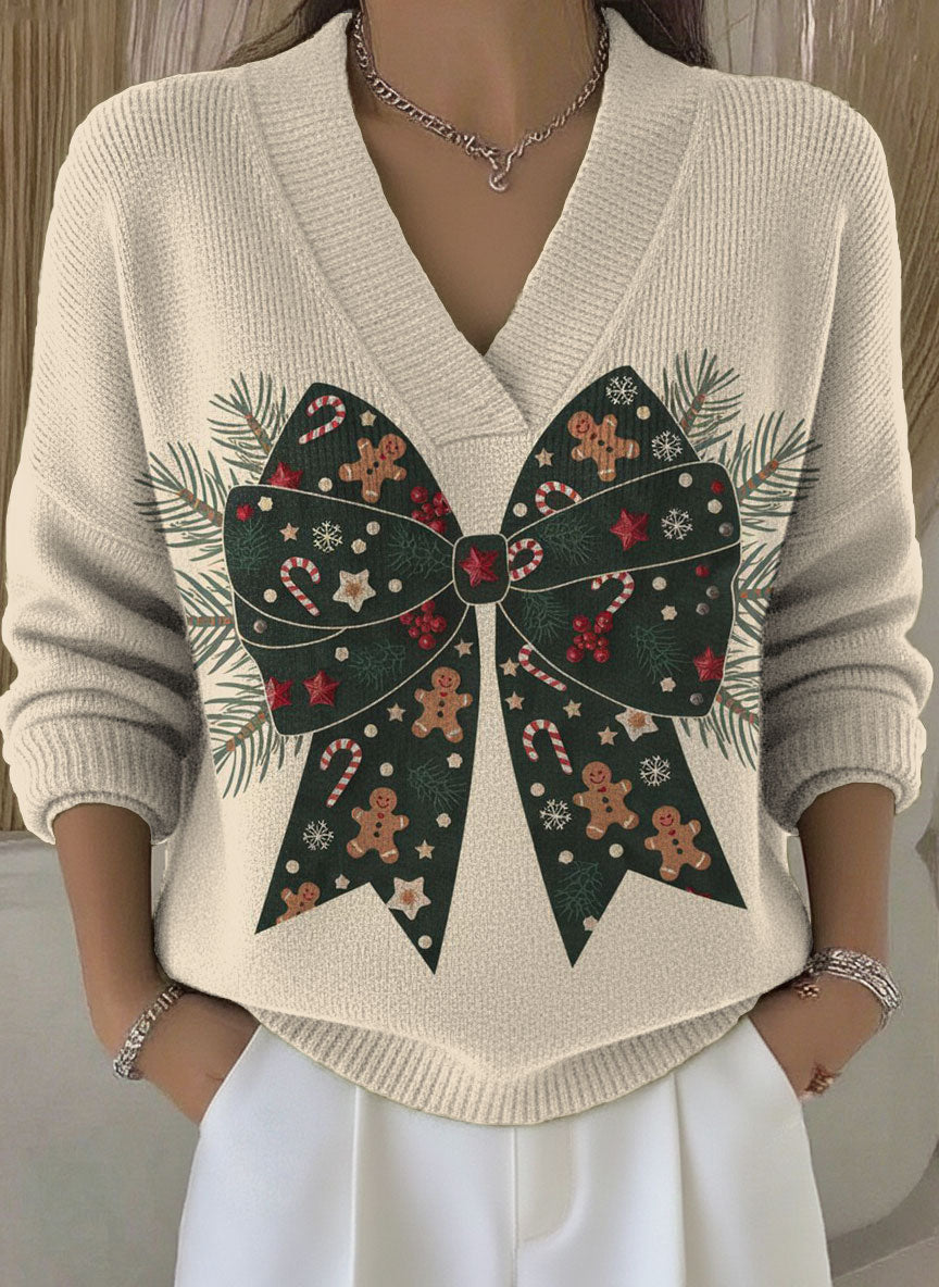 Women's Christmas Bow Tie Pattern Art Print Buttoned Cardigan Sweater