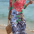 Colorful Floral Print Cutout V-neck Vacation Dress