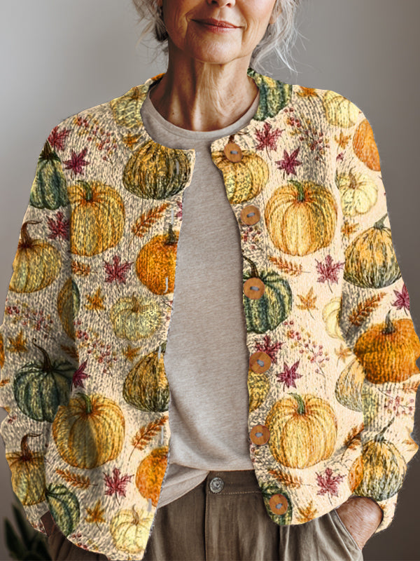 womens-retro-pumpkin-art-print-buttoned-cardigan-sweater