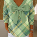 Women's Plaid Print Bowknot V-Neck Long Sleeve Casual Pullover Sweater