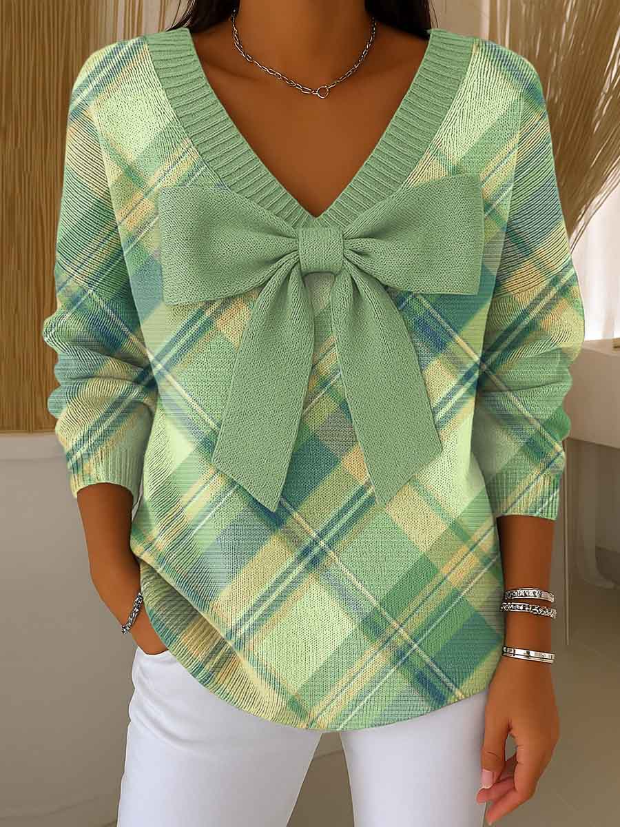Women's Plaid Print Bowknot V-Neck Long Sleeve Casual Pullover Sweater
