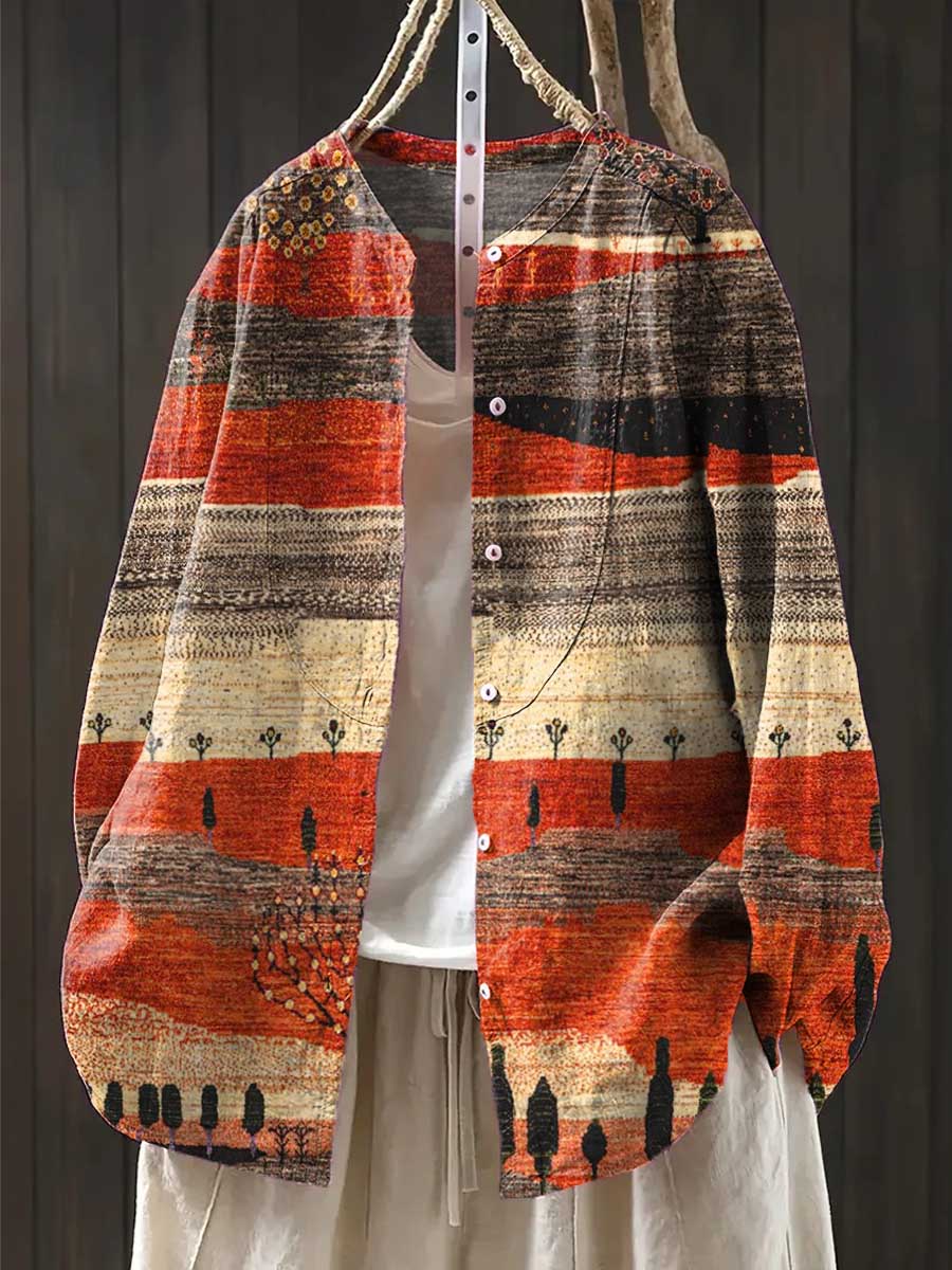 Women's Vintage Pattern Art Print Casual Cotton And Linen Shirt