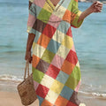 Bohemian-style Color-block Plaid Art Print Cotton-linen Dress
