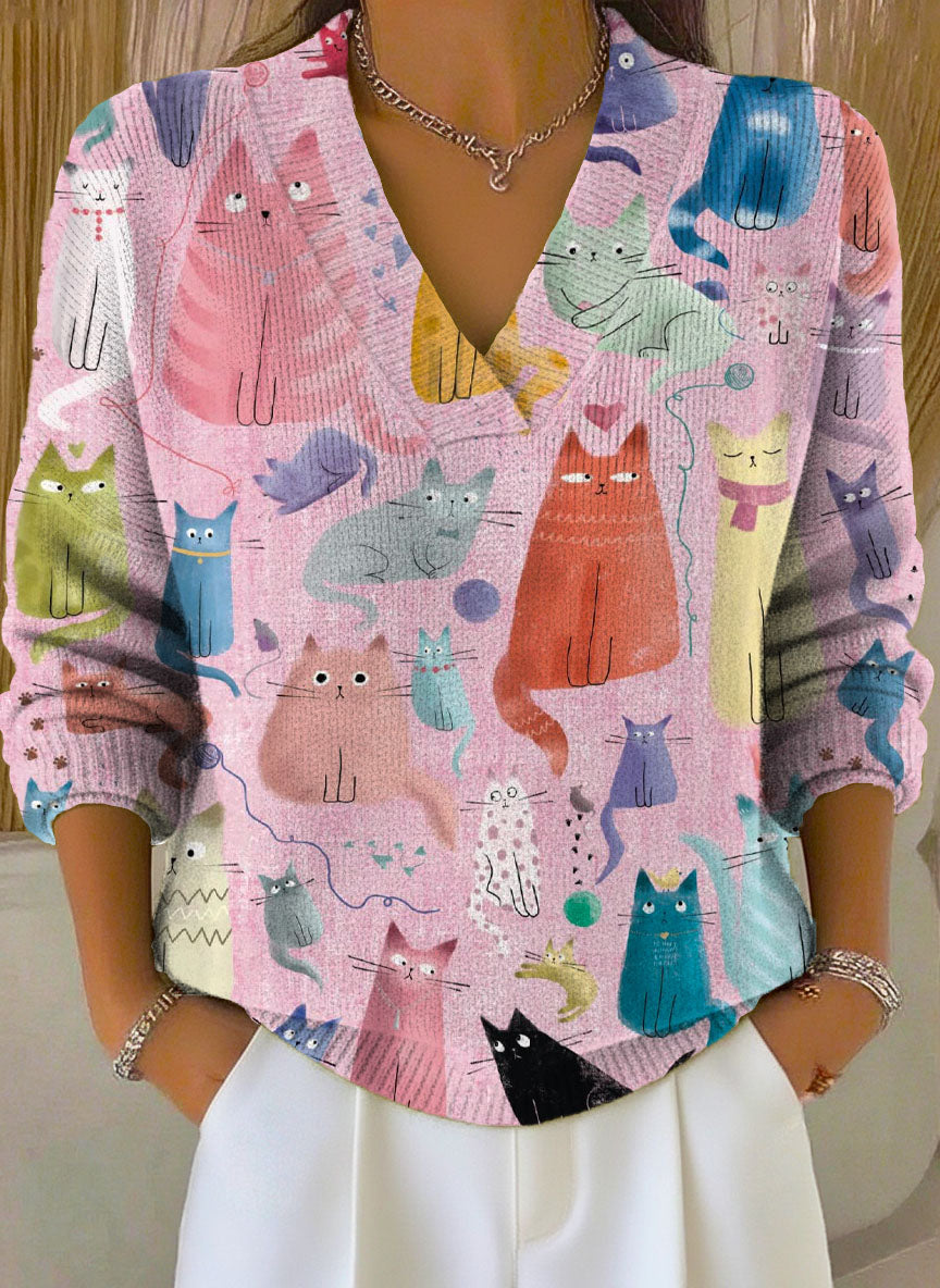 Women's Lovely Cats Art Print Buttoned Cardigan Sweater