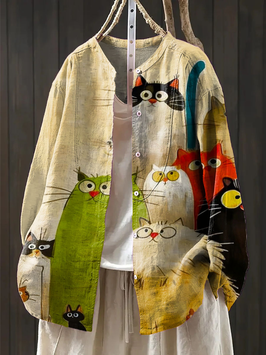 Women's Lovely Cats Art Print Casual Cotton And Linen Shirt