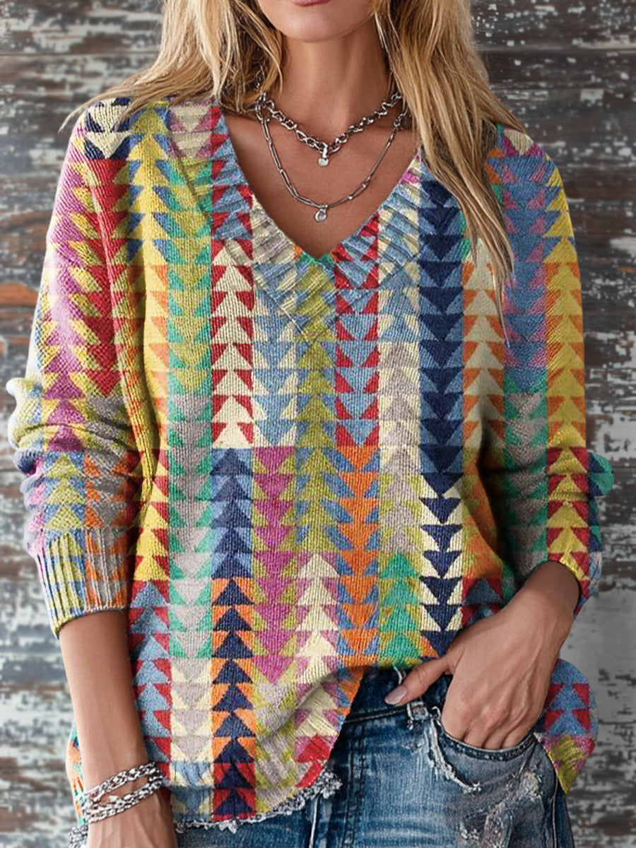 Vintage Multicolor Triangle Geometric Stripe Painting Art Print Knit V-neck Pullover Sweater