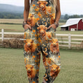 Women's Lovely Cow Floral Pattern Art Print Casual 100% Cotton Wide Leg Jumpsuit