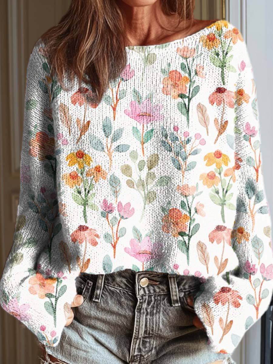womens-retro-watercolor-art-flowers-casual-pullover-sweater-lsqt