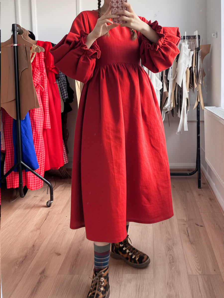 Women's Cotton And Linen Solid Color Loose Casual Lantern Sleeve Dress