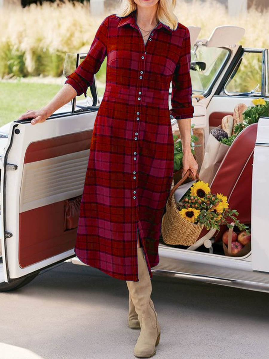 Women's Plaid Print Shirt Collar Long Sleeve Casual Loose Cardigan Dress