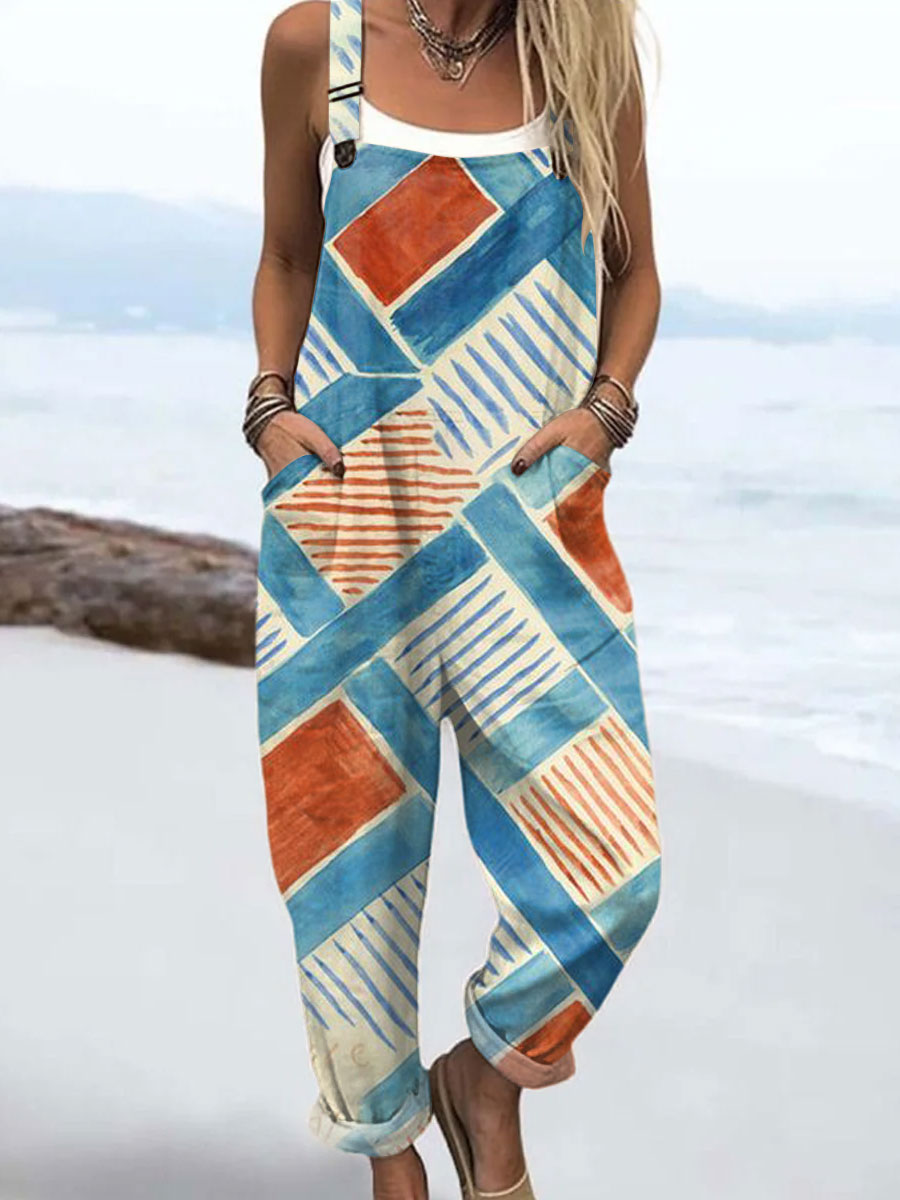 Women's Vintage Abstract Geometric Art Print Casual 100% Cotton Wide Leg Jumpsuit