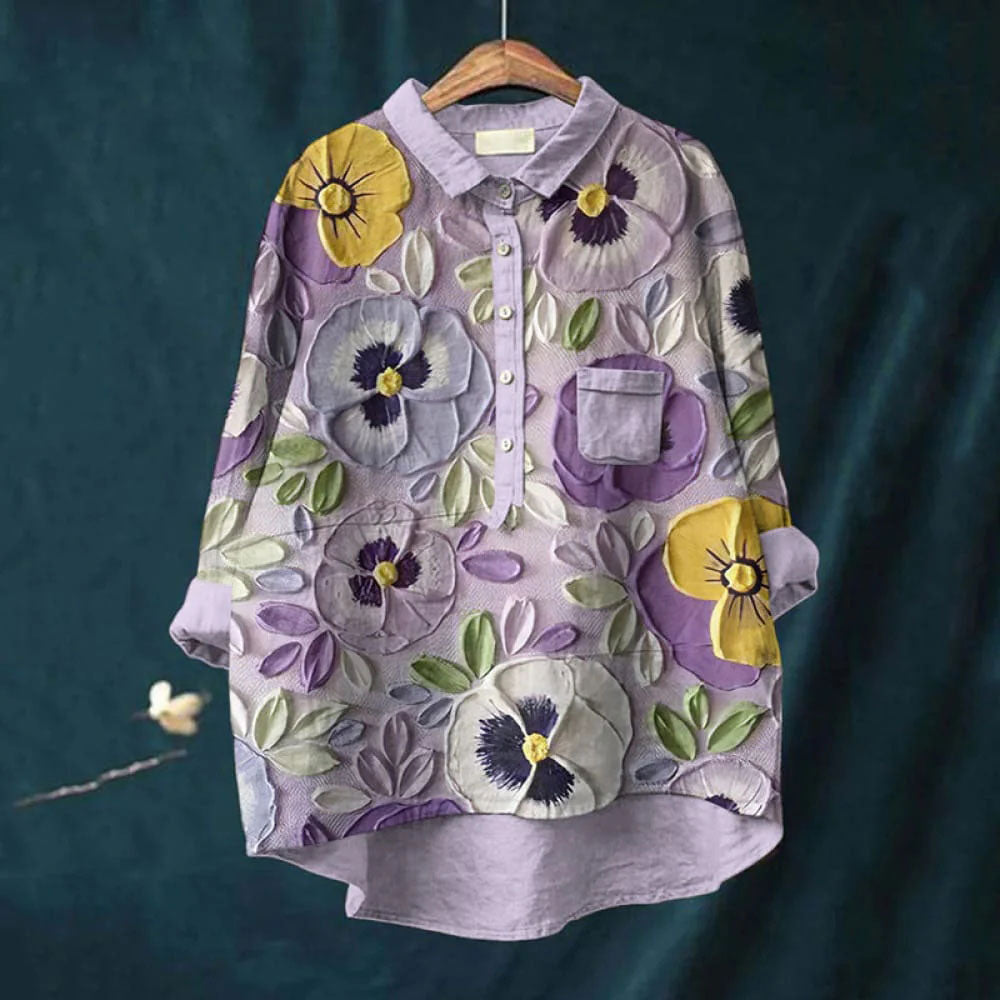 Vintage Flower Oil Painting Color Blocks Casual Cotton Linen Shirt