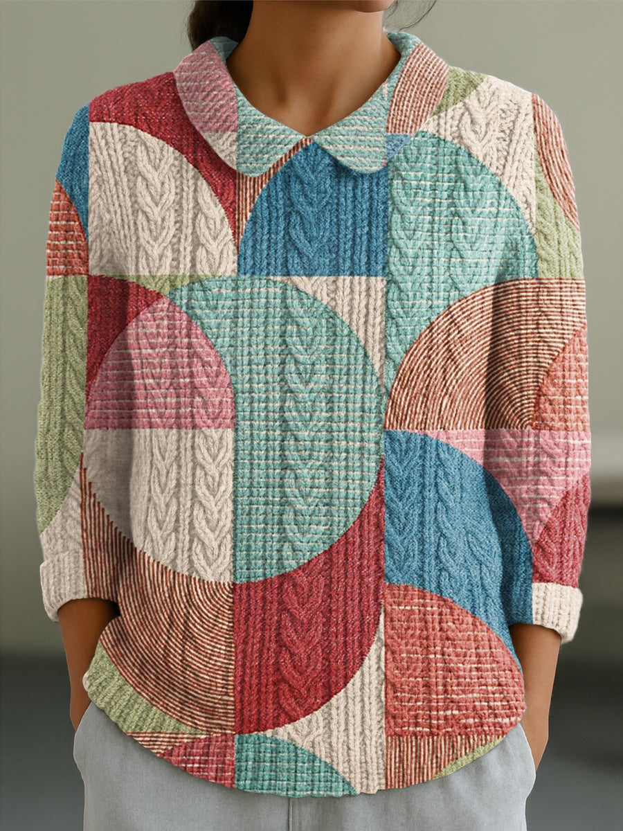 womens-vintage-geometric-plaid-painting-art-print-casual-peter-pan-collar-3-4-sleeve-sweater