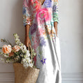 Women's Watercolor Gradient Flowers Print Linen Pocket Dress