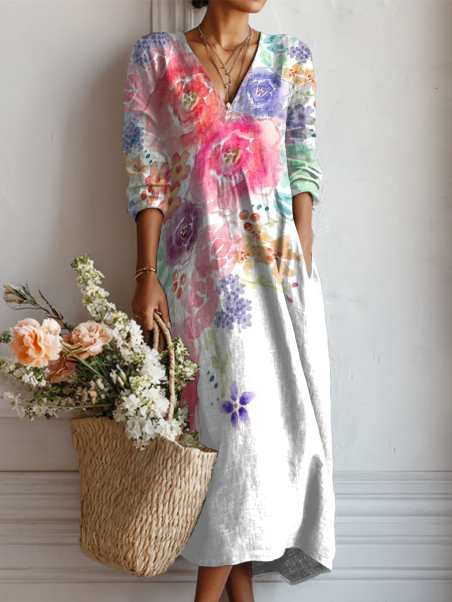 Women's Watercolor Gradient Flowers Print Linen Pocket Dress