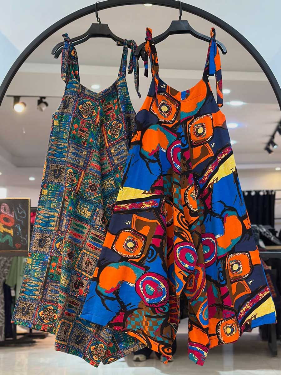 Loose-fitting Cotton and Linen Printed Jumpsuit