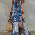 Women's Retro Ethnic Floral Pattern Art Print Casual Fashion Cotton Maxi Dress