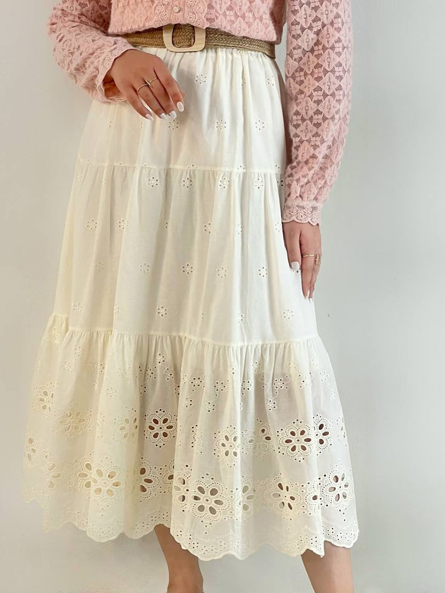 Women's Lace Embroidery Cotton Elastic Waist Skirt