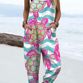 Women's Turtle Print Casual 100% Cotton Wide Leg Jumpsuit