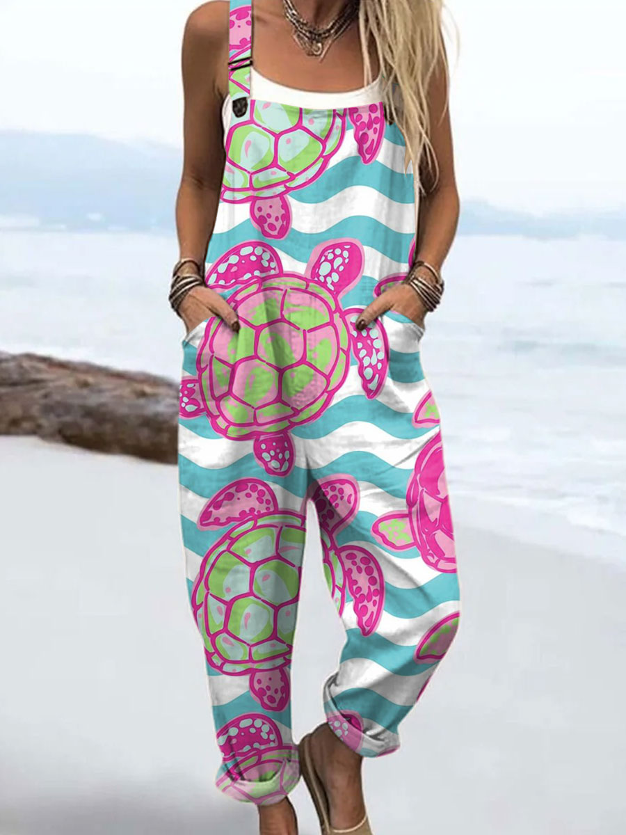 Women's Turtle Print Casual 100% Cotton Wide Leg Jumpsuit