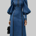 Fashionable Patchwork Leather Lantern Sleeve Denim Dress