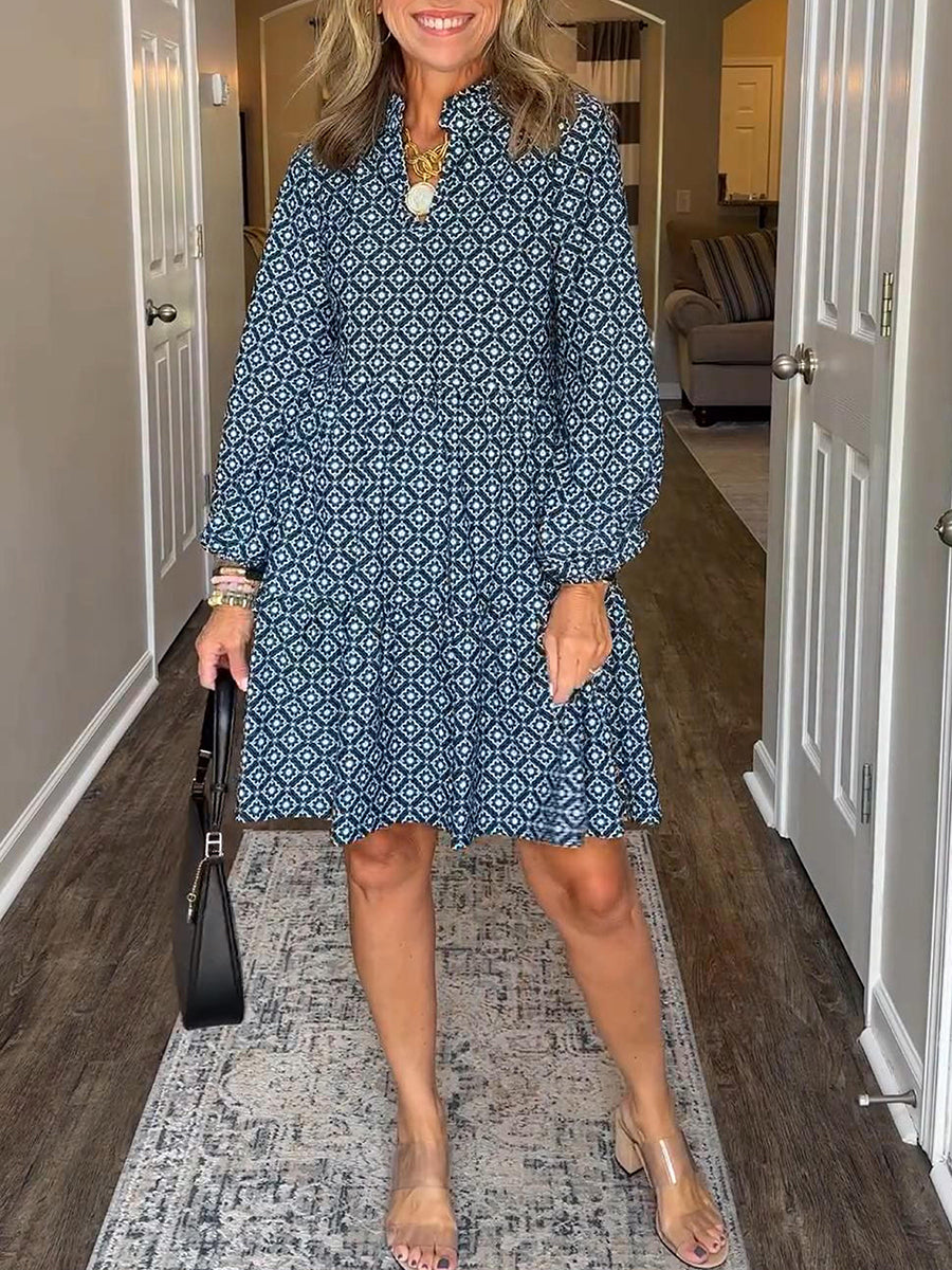 Women's Comfortable Prismatic Pattern Printed V-neck Cotton Dress