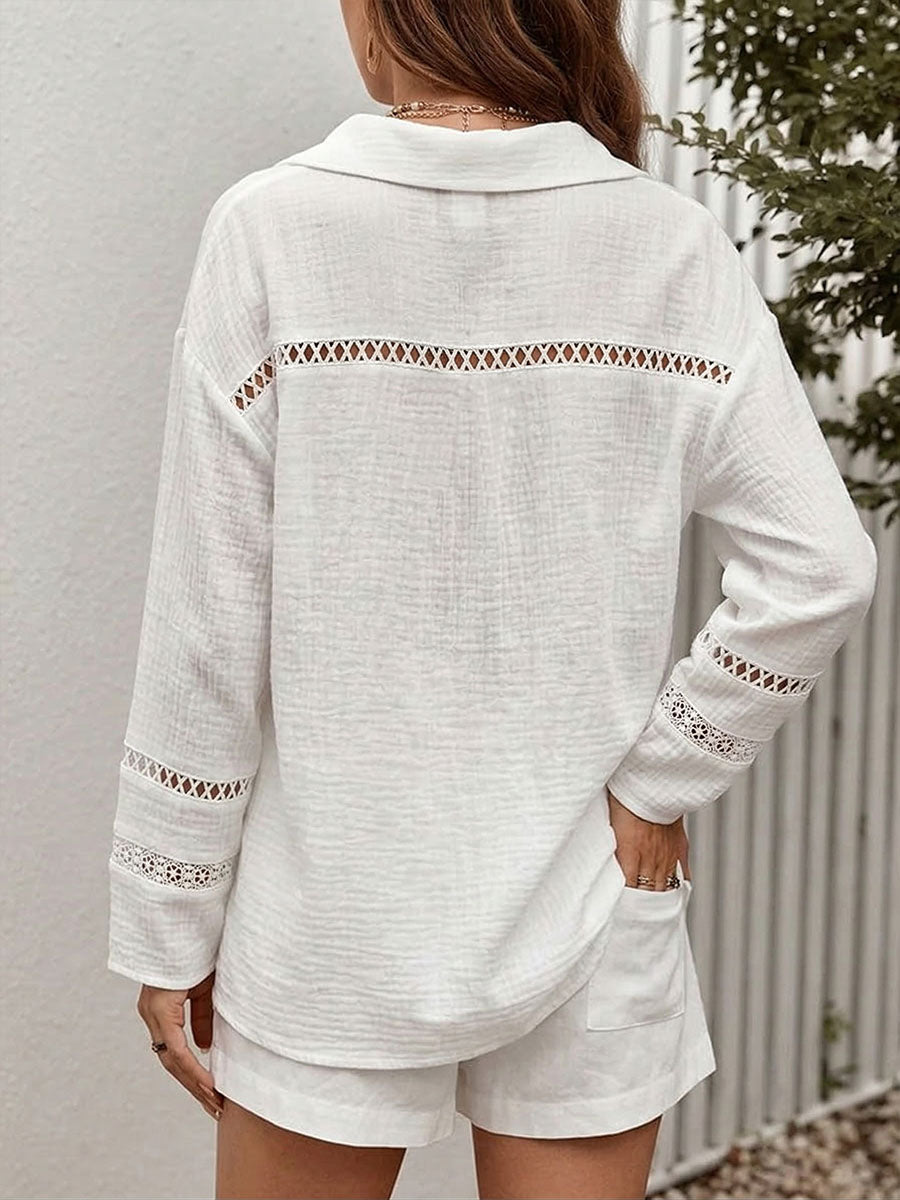 Women's Solid-color Shirt-collar Long-sleeve Casual Loose Cotton-linen Cardigan