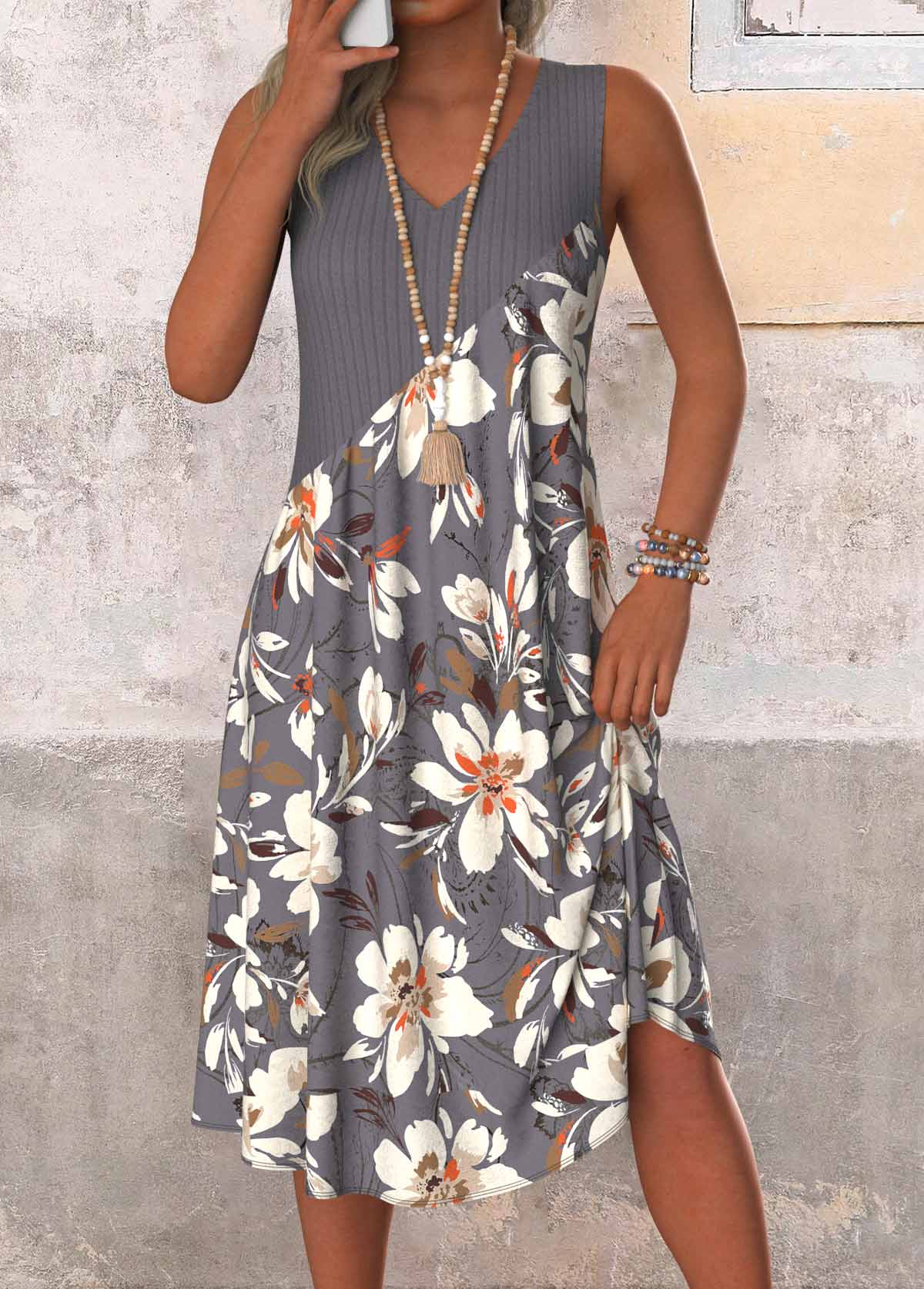 Dark Grey Patchwork Floral Print A Line Sleeveless Dress