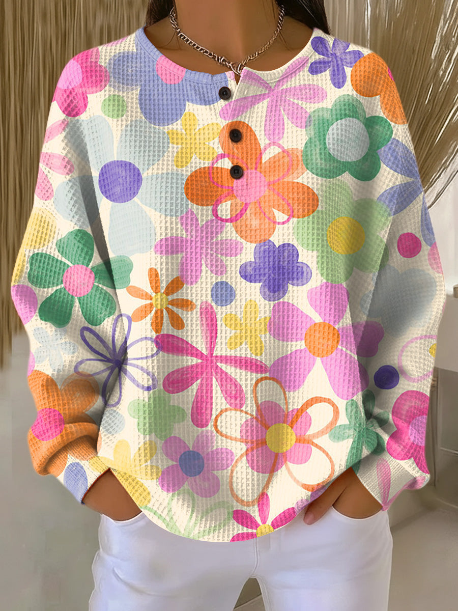 Women's Beautiful Colorful Large Flower Painting Art Print Casual Cotton Sweatshirt